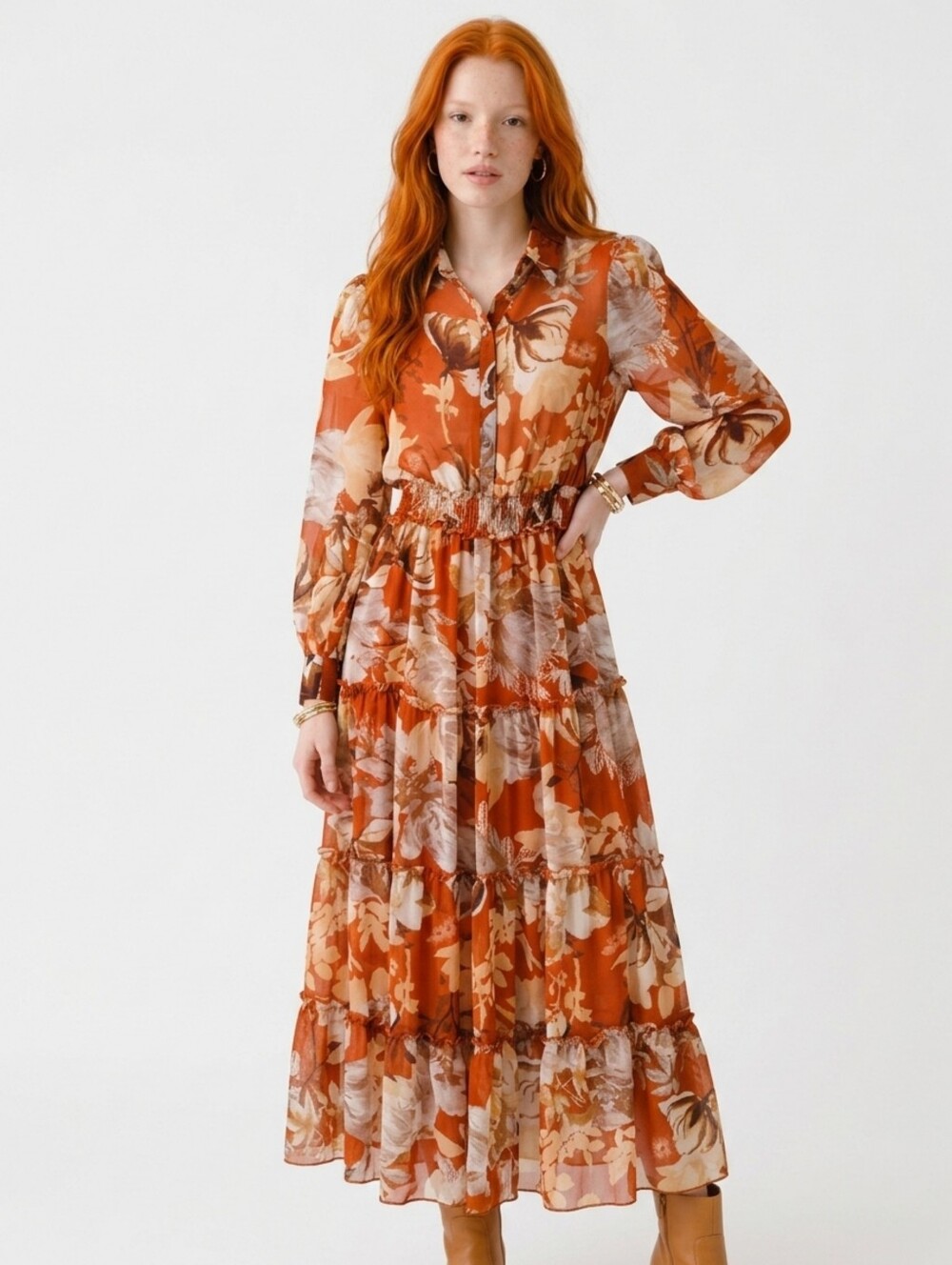 En Focus Studio Rust Floral Tiered Maxi Shirt Dress Long Sleeve Size 6
